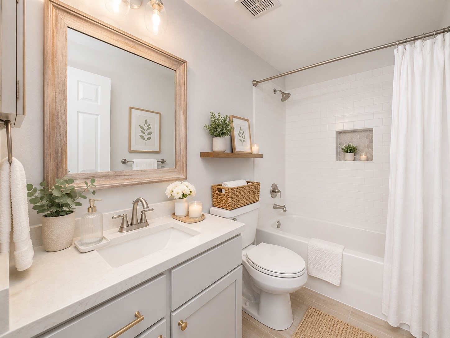 38 Musgrove Place Spring, TX 77382 - Photo 22 of 36 Second full bathroom with quartz vanity, brushed-nickel fixtures, subway-tile tub surround, and built-in shower niche.