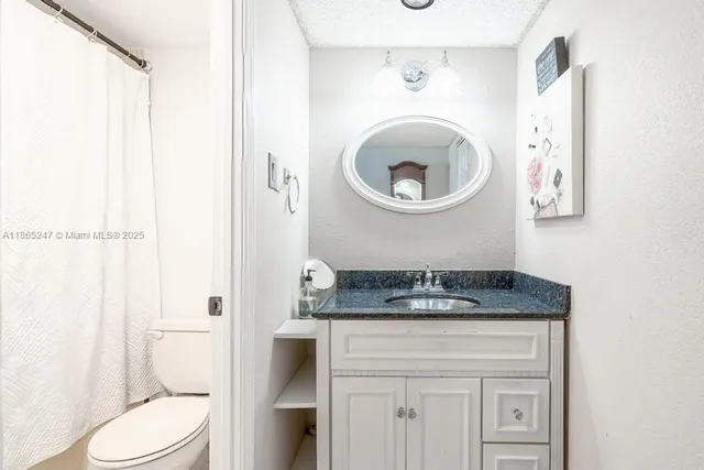 a bathroom with a granite countertop sink a toilet and a mirror