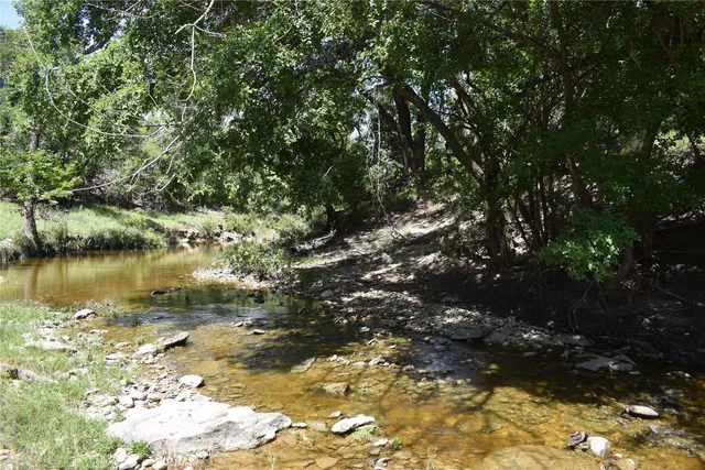 a view of a lake in between two trees