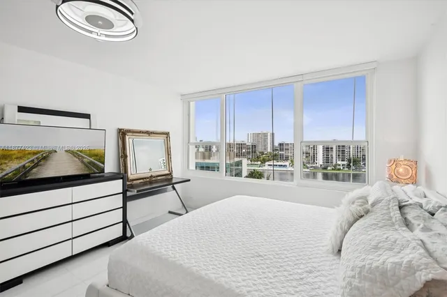 a bedroom with a bed and a flat tv screen on the dresser