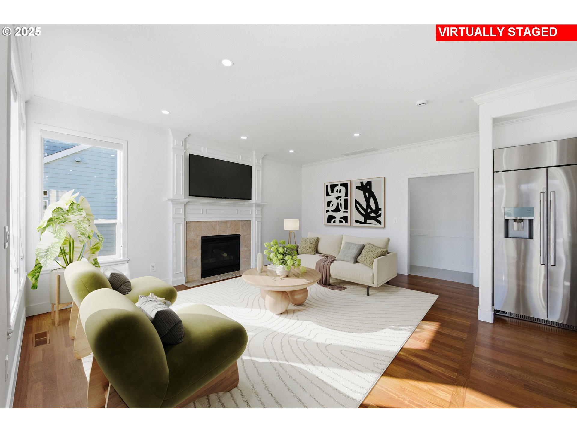 17808 Northwest Pioneer Road Beaverton, OR 97006 - Photo 13 of 43 a living room with furniture a fireplace and a flat screen tv