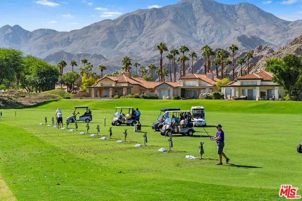 a view of a park with large trees