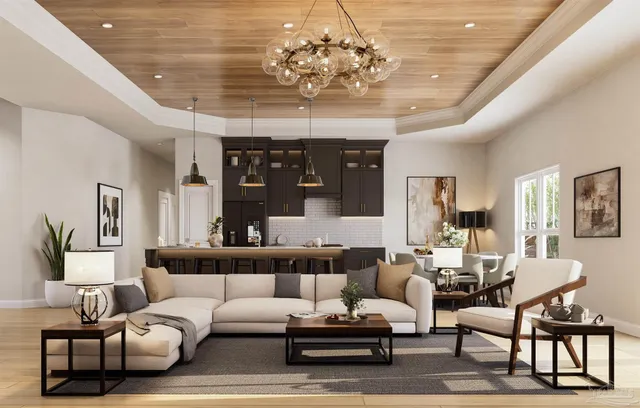 a living room with furniture or chandelier and a dining table