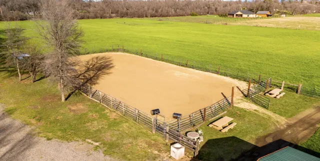 a view of a yard with large trees