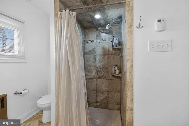 a bathroom with a shower and a toilet