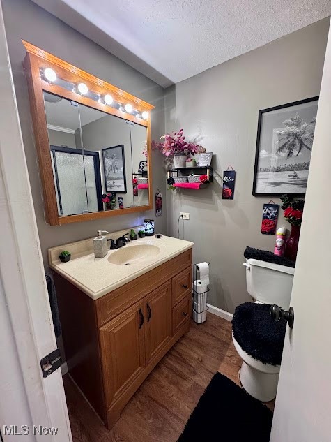 240 Spring Creek Road Northfield, OH 44067 - Photo 13 of 39 Bathroom featuring walk in shower, wood-type flooring, a textured ceiling, toilet, and vanity
