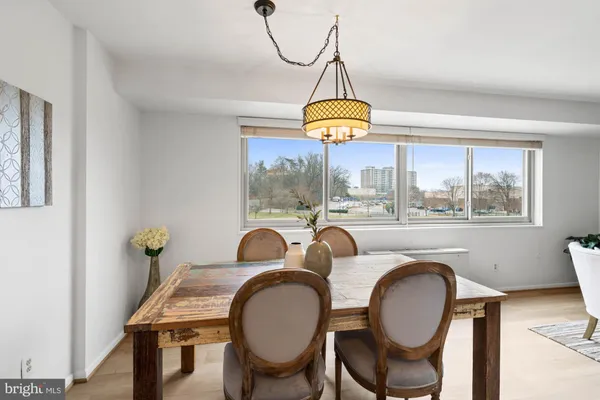 a view of a dining room with furniture