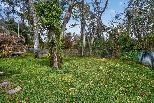 a view of a yard with large trees
