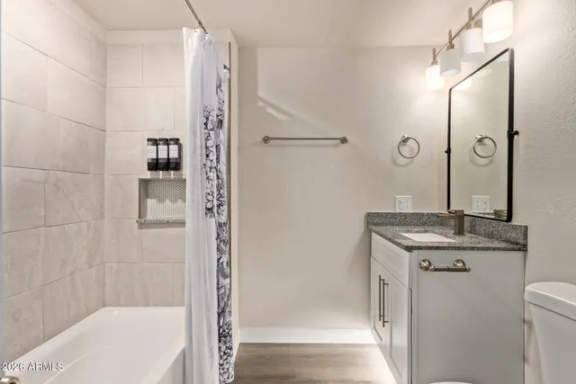 a bathroom with a granite countertop sink a toilet and shower