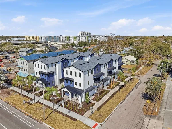 an aerial view of a multi story building