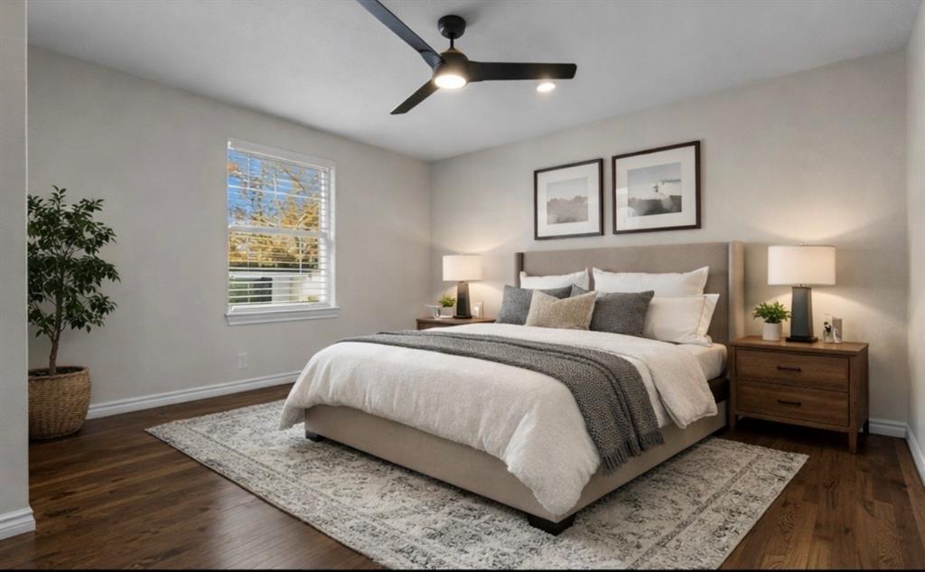 4941 North Hall Street Dallas, TX 75235 - Photo 9 of 18 Bedroom with ceiling fan and dark wood finished floors