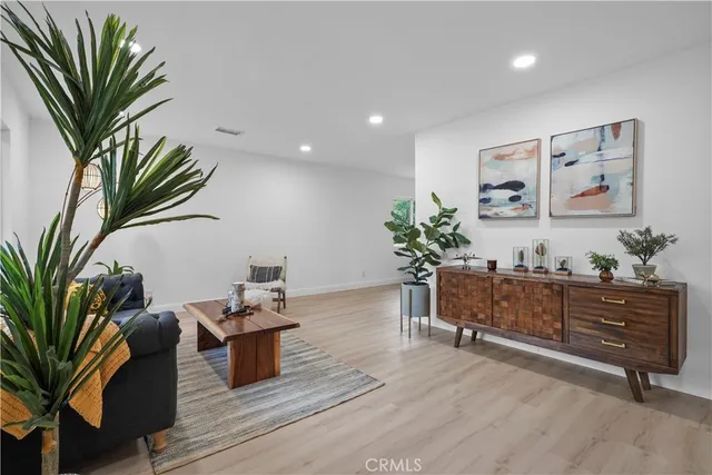 a living room with furniture and a potted plant