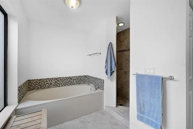 a bathroom with a bathtub and shower