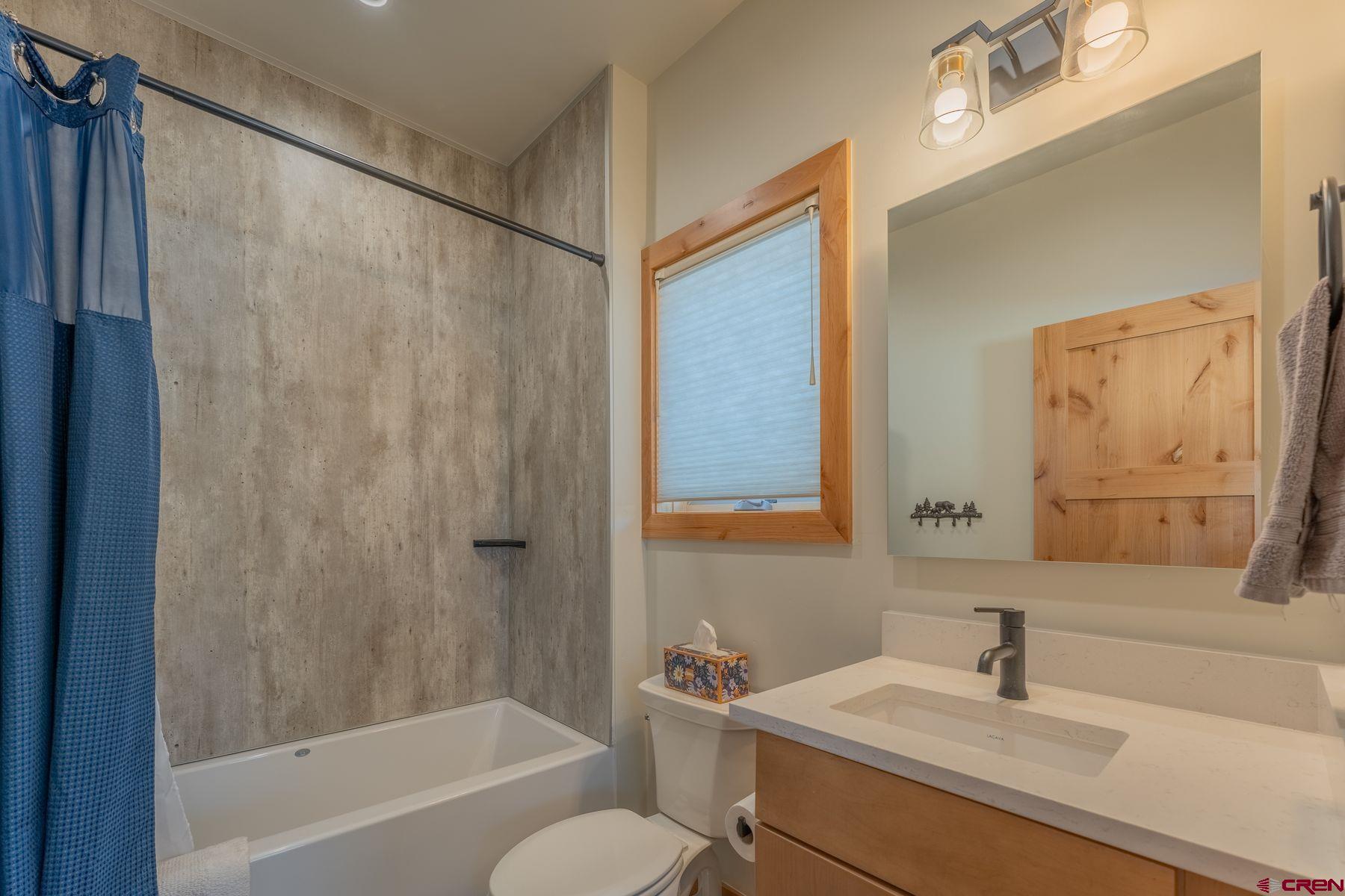 231 Elk Valley Road, Unit 2D Crested Butte, CO 81224 - Photo 24 of 35 a bathroom with a sink a mirror a toilet and shower