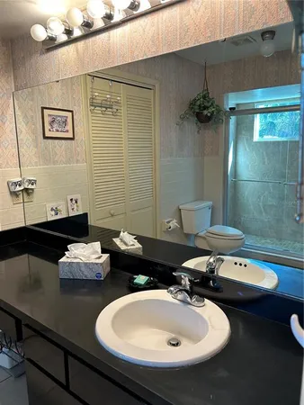 a bathroom with a sink double vanity and a potted plant
