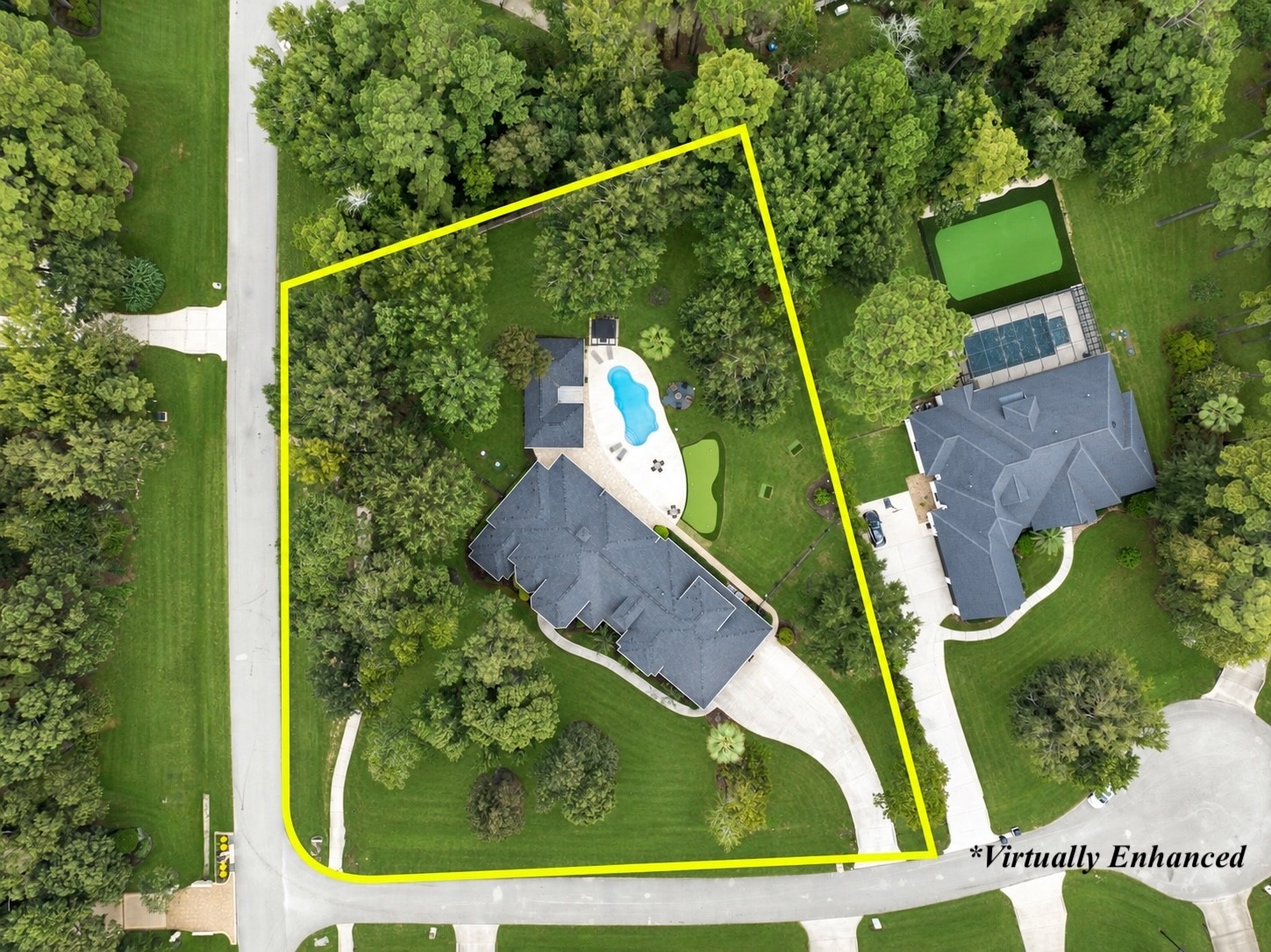 4103 Tee Tree Court Spring, TX 77386 - Photo 27 of 37 This aerial really shows it all! 1.06 acres with the main home, detached Guest House, pool, outdoor living areas, putting/chipping green, fire pit and abundant yard space—all on a private cul-de-sac lot.