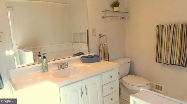 a bathroom with a sink a toilet and mirror