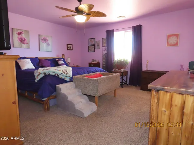 a bedroom with furniture and a window