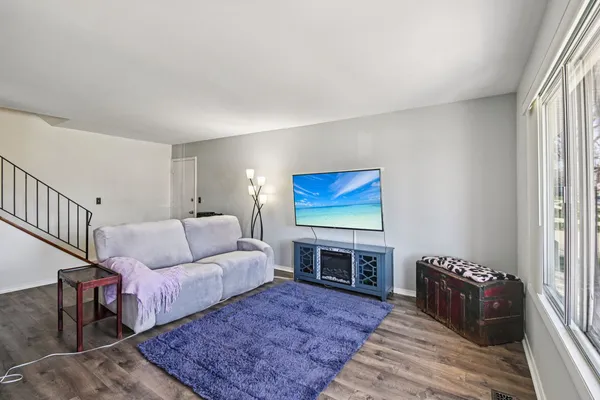 a living room with furniture and a rug