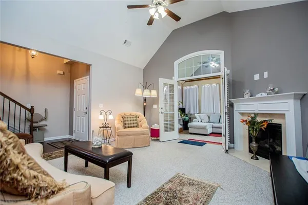 an aerial view of residential houses with outdoor space