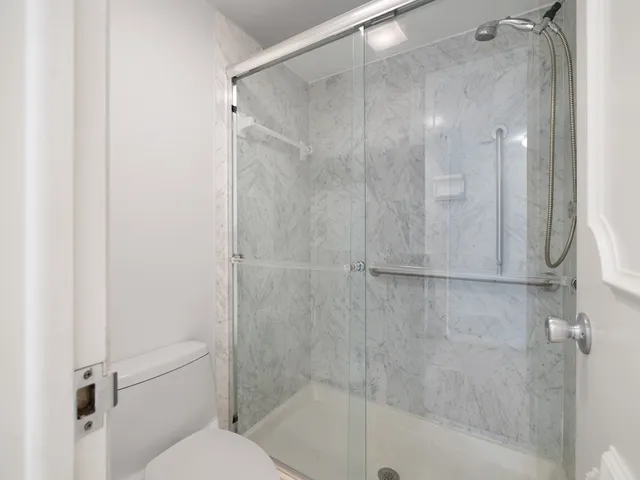 a bathroom with a shower and a toilet