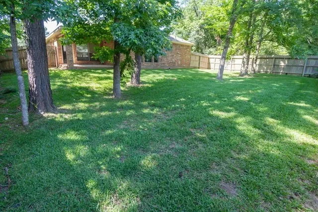 a view of backyard with large trees and wooden fence
