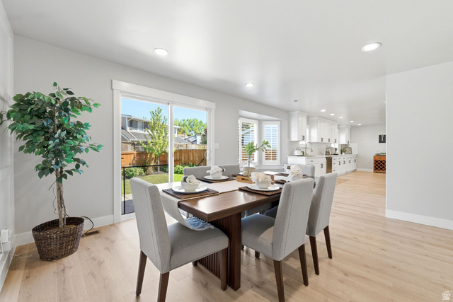 1405 Vintry Lane Murray, UT 84121 - Photo 13 of 44 Bright dining area with wood-finish flooring, recessed lighting, and sliding glass doors to the backyard