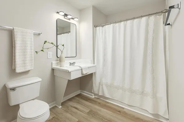 a bathroom with a sink a toilet and shower curtain