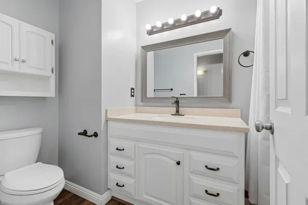a bathroom with a toilet a sink a vanity and mirror