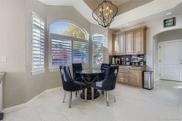 a view of a dining room with furniture window and outside view