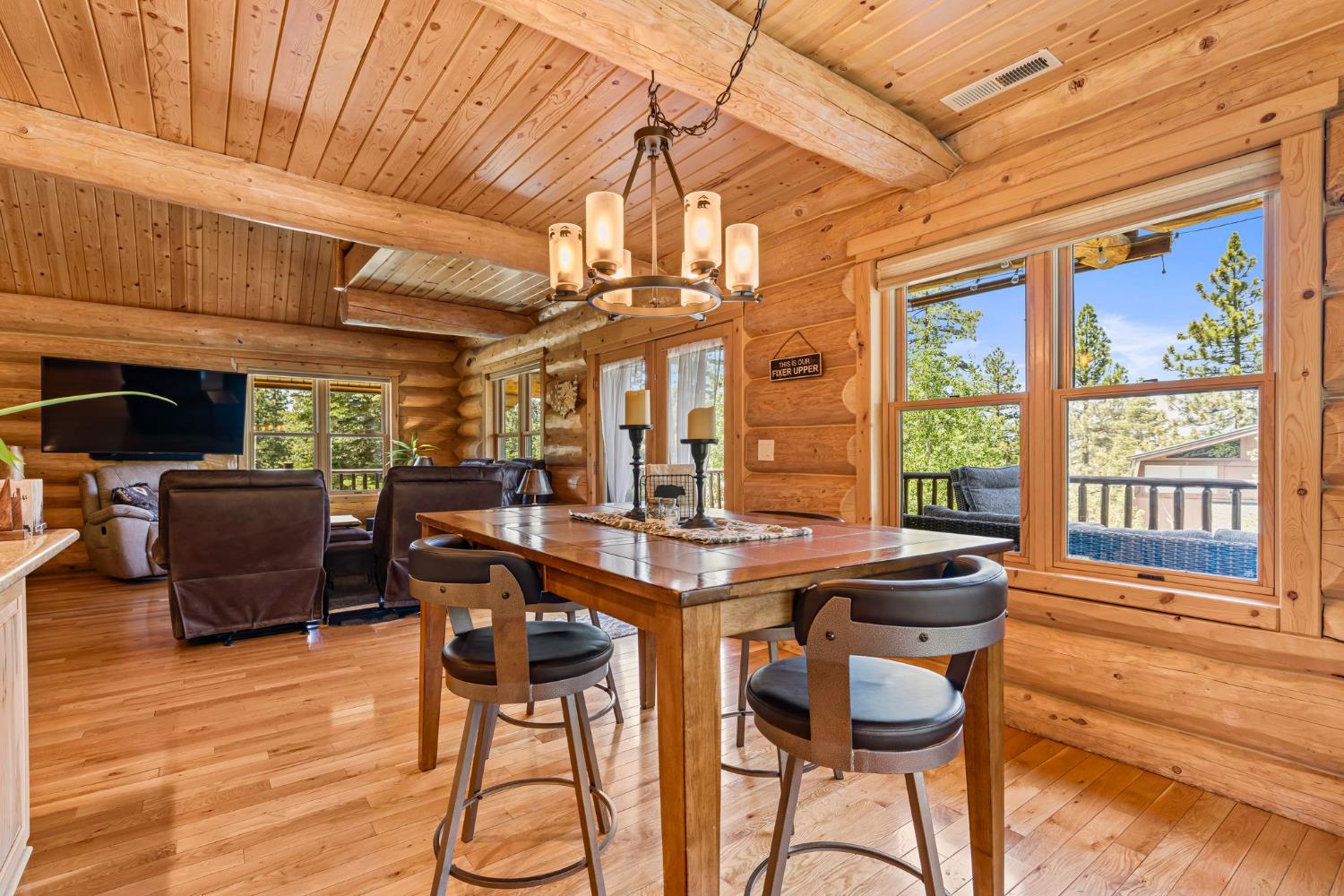 3589 Rocky Point Road South Lake Tahoe, CA 96150 - Photo 10 of 95 a view of a dining room with furniture a chandelier and wooden floor