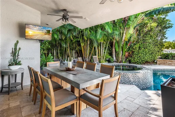 a view of a patio with a table and chairs
