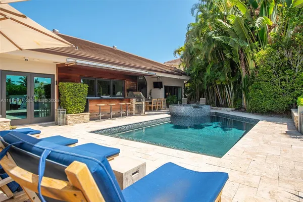 a view of a backyard with table and chairs