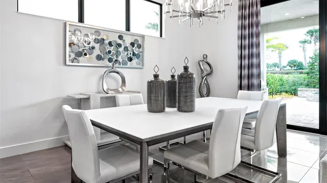 a view of a dining room with furniture window and outside view