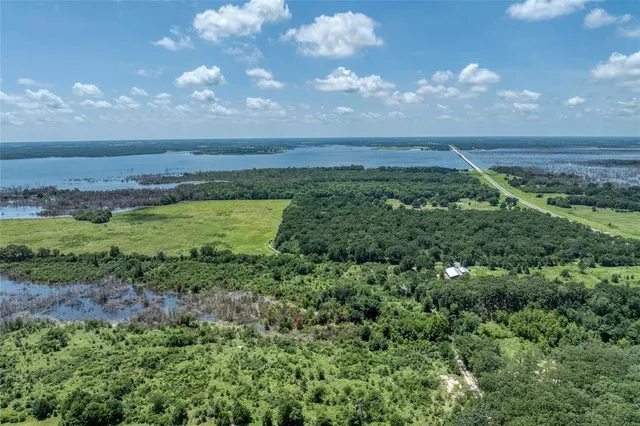 a view of a field with an ocean