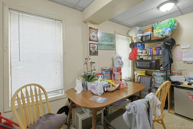 a view of a dining room with furniture and a potted plant