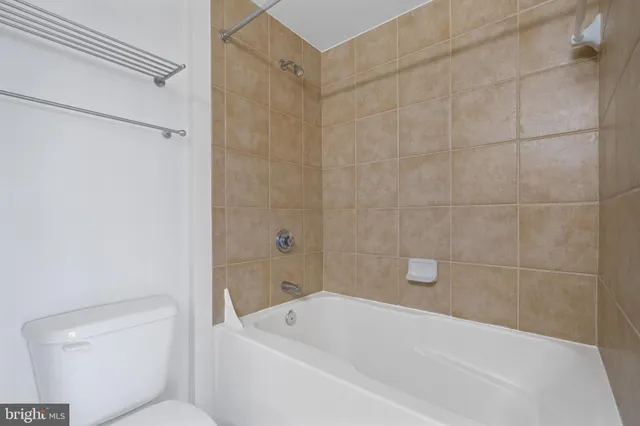 a bathroom with a bathtub and a toilet