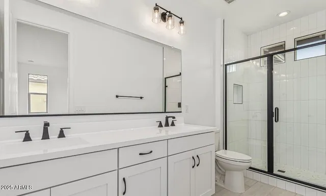 a bathroom with a double vanity sink toilet and a mirror