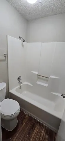 a bathroom with a toilet and a bath tub