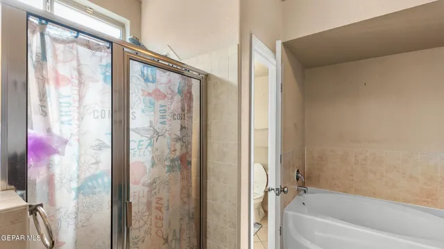 a bathroom with a bathtub and shower