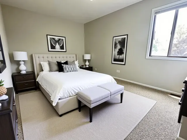 a bedroom with a bed lamp and a window