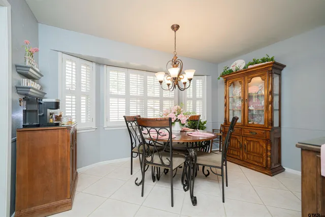 a view of a dining room with furniture window and outside view