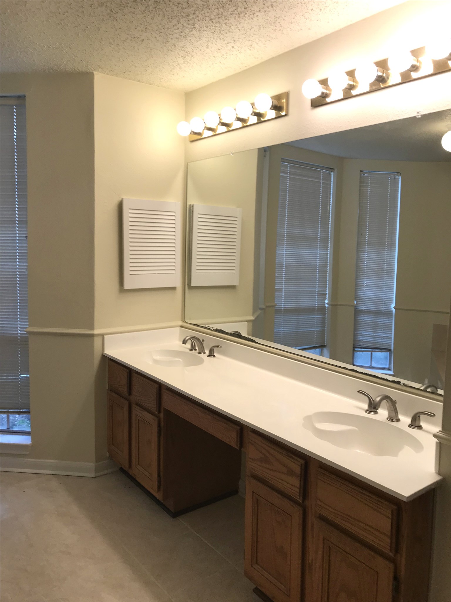 14702 Rancho Vista Drive Houston, TX 77083 - Photo 7 of 11 Bathroom with dual-sink vanity, large mirrors, and bright lighting.