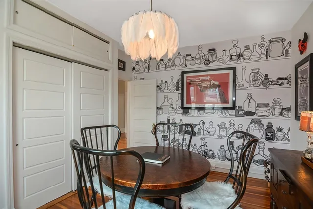 a view of a dining room with furniture