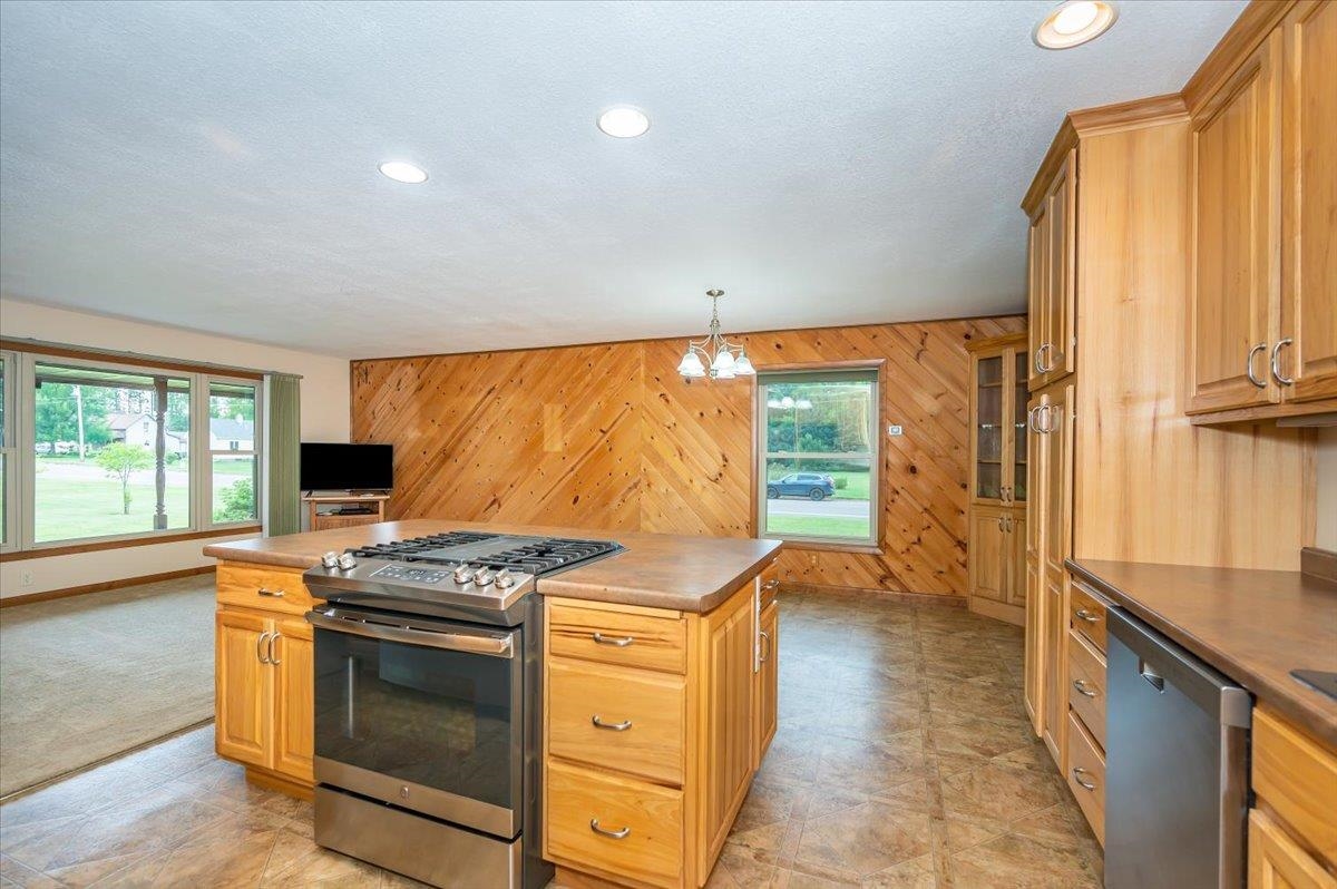 404 Alcohol Road Wrenshall, MN 55797 - Photo 5 of 32 Kitchen with appliances with stainless steel finishes, wood walls, a center island, hanging light fixtures, and a chandelier