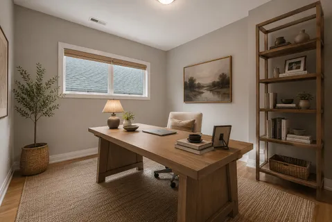a view of a workspace with furniture and a potted plant