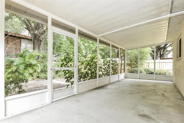 a view of a garden with an outdoor space