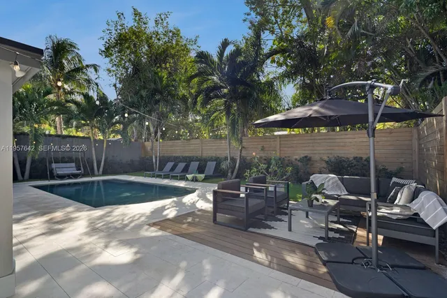 a view of a house with backyard and sitting area