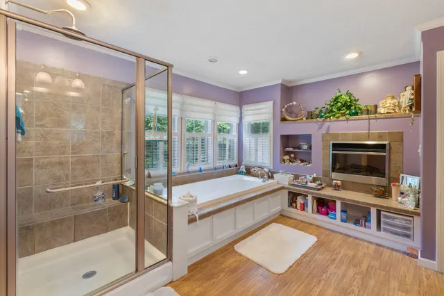 a view of a yard with plants and a trees