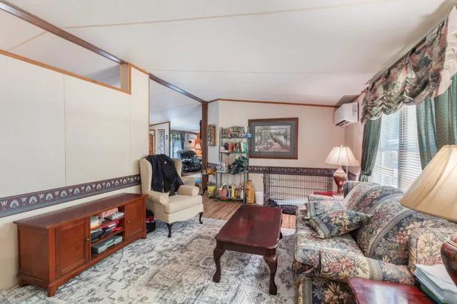 an aerial view of a house with a yard and large trees
